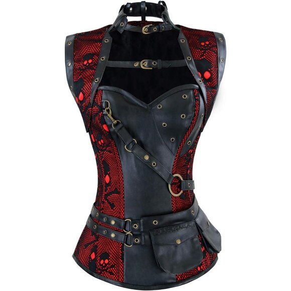Women First Black\RED Steampunk Vintage Spiral Steel Boned Corset Bustier - Picture 1 of 6